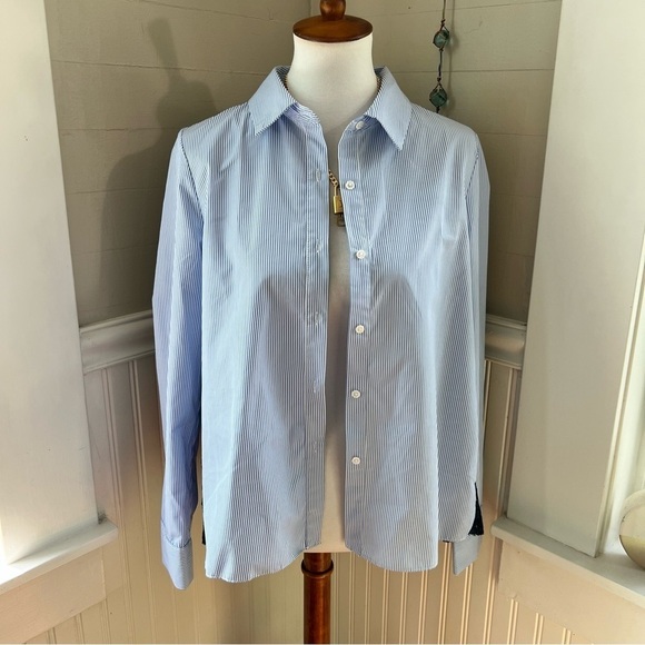 Anthropologie English Factory Blue & White Striped Cotton Shirt w/ Lace Back - Picture 11 of 13